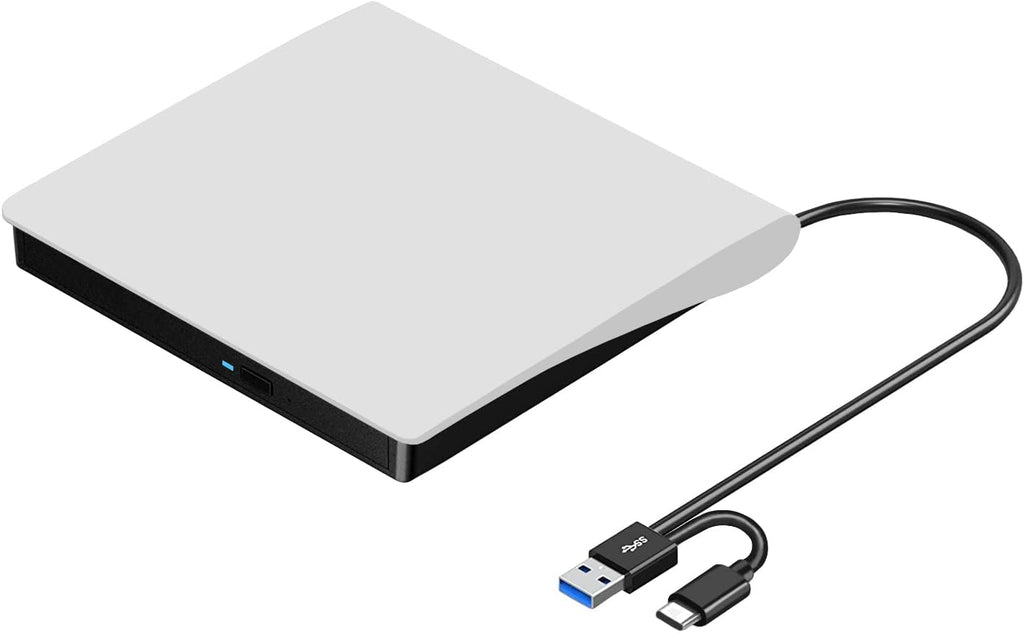 ROOFULL External CD/DVD Drive for Mac & PC – USB 3.0 / USB-C Portable CD DVD Reader Writer Burner with Carrying Case, White
