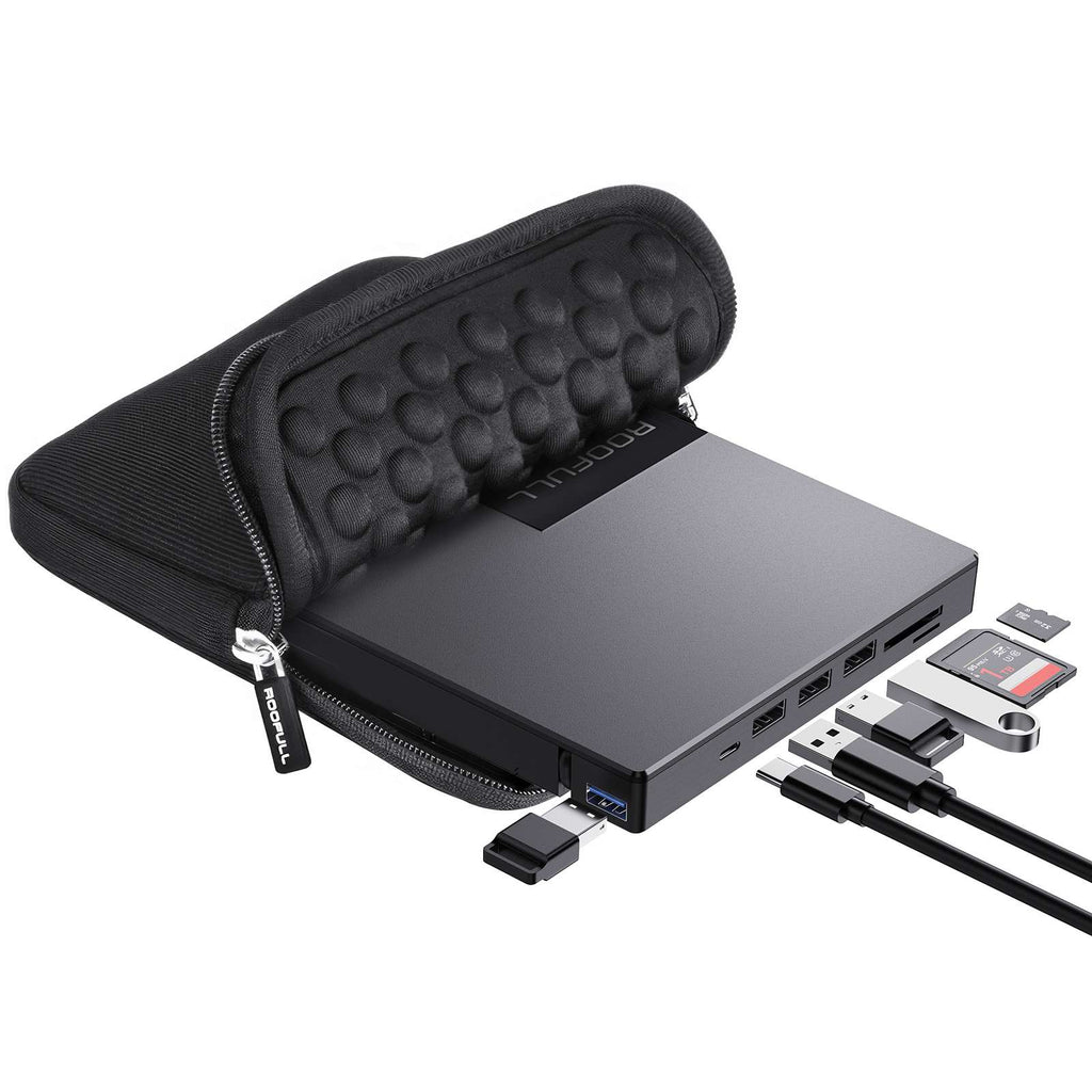 ROOFULL 8-in-1 External CD/DVD Drive with USB Hub & SD Card Reader, USB 3.0 CD DVD Burner Writer Reader, USB-C & USB-A for Laptop, MacBook, Windows (RF40-SU)