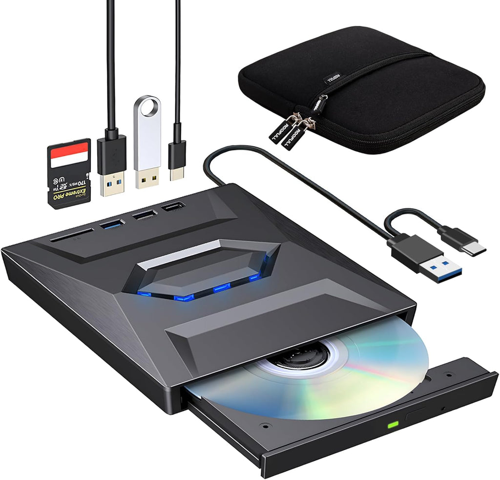 ROOFULL External CD/DVD Drive with USB 3.0 & USB-C, SD Card Slot and Carrying Case for Laptop & Desktop