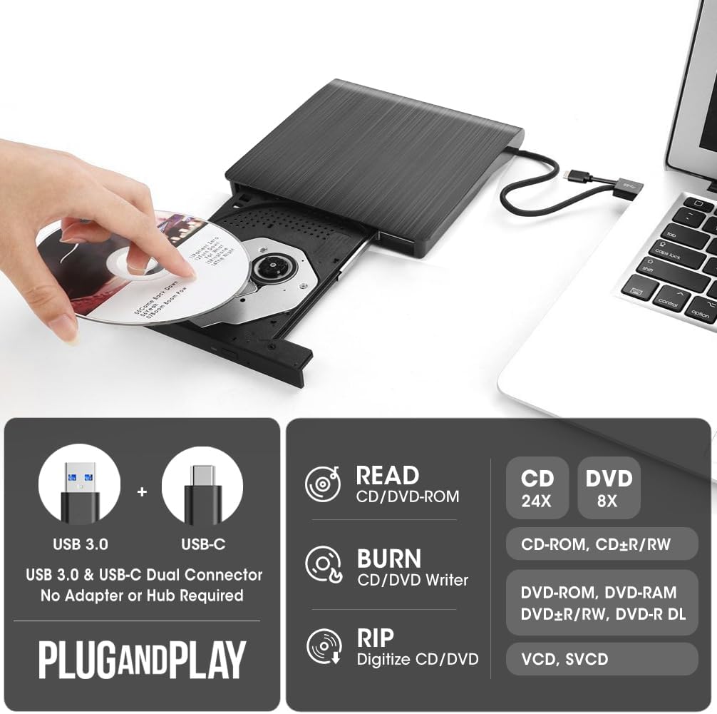 ROOFULL External CD/DVD Drive (ECD829-Y) – USB 3.0 & USB-C Portable CD DVD Burner & Reader for Laptop & Mac（Black）