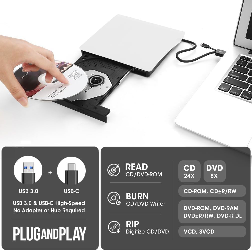 ROOFULL External CD/DVD Drive (ECD829-Y) – USB 3.0 & USB-C Portable CD DVD Burner & Reader for Laptop & Mac（White））