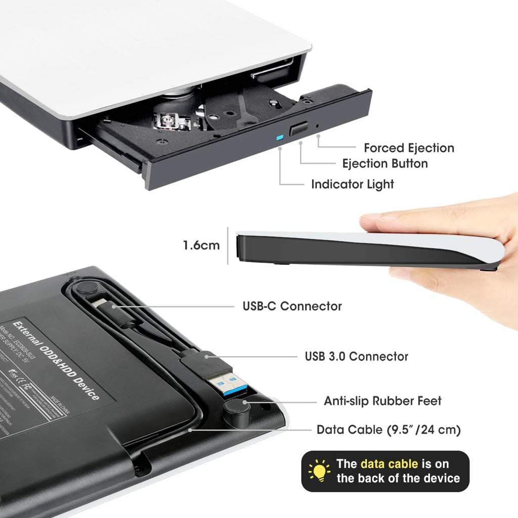 ROOFULL External CD/DVD Drive (ECD829-Y) – USB 3.0 & USB-C Portable CD DVD Burner & Reader for Laptop & Mac（White））