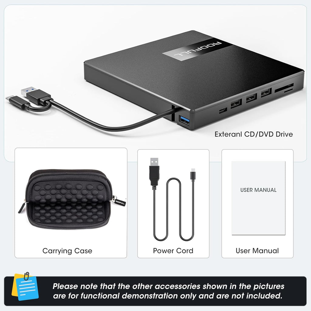 ROOFULL 8-in-1 External CD/DVD Drive with USB Hub & SD Card Reader, USB 3.0 CD DVD Burner Writer Reader, USB-C & USB-A for Laptop, MacBook, Windows (RF40-SU)