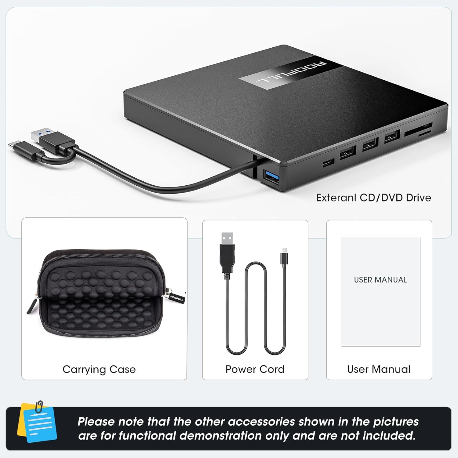 ROOFULL 8-in-1 External CD/DVD Drive with USB Hub & SD Card Reader, USB 3.0 CD DVD Burner Writer Reader, USB-C & USB-A for Laptop, MacBook, Windows (RF40-SU)