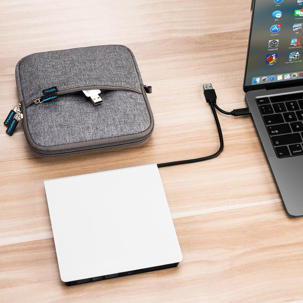 ROOFULL External CD/DVD Drive for Mac & PC – USB 3.0 / USB-C Portable CD DVD Reader Writer Burner with Carrying Case, White
