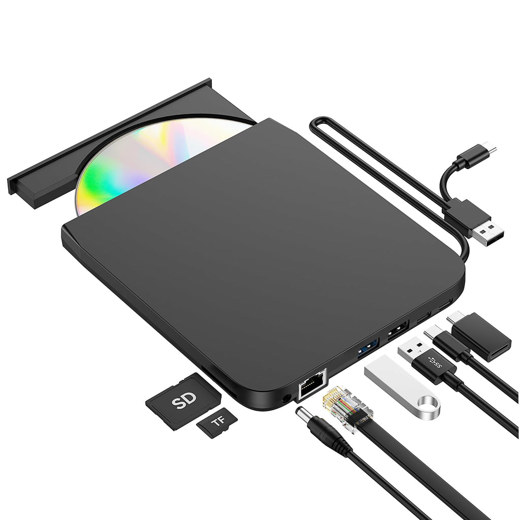 ROOFULL 9-in-1 External CD/DVD Drive with USB Hub & Ethernet, USB 3.0 CD DVD Burner Reader Writer, SD/TF Card Reader, USB-C & USB-A for Laptop, MacBook, Windows (RF31-M)