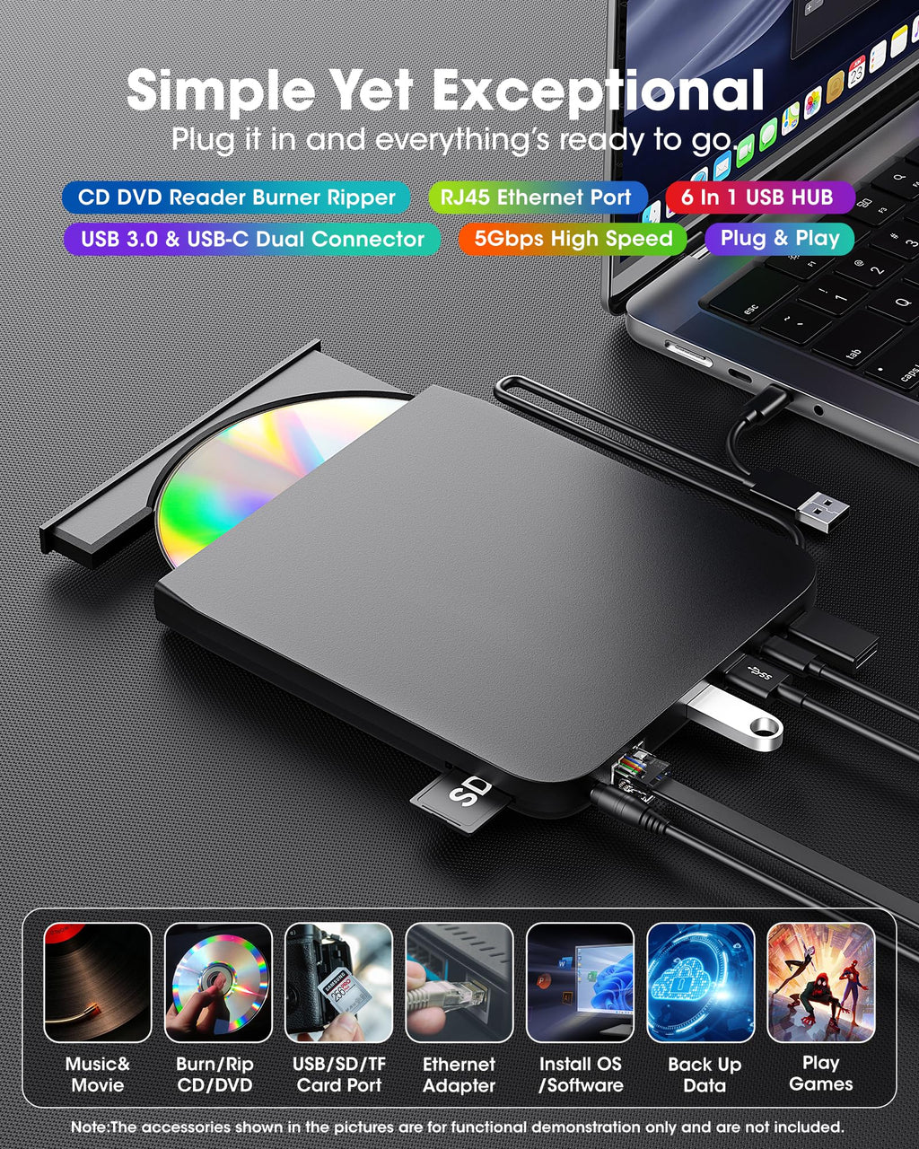 ROOFULL 9-in-1 External CD/DVD Drive with USB Hub & Ethernet, USB 3.0 CD DVD Burner Reader Writer, SD/TF Card Reader, USB-C & USB-A for Laptop, MacBook, Windows (RF31-M)