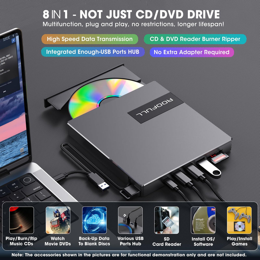 ROOFULL 8-in-1 External CD/DVD Drive with USB Hub & SD Card Reader, USB 3.0 CD DVD Burner Writer Reader, USB-C & USB-A for Laptop, MacBook, Windows (RF40-SU)