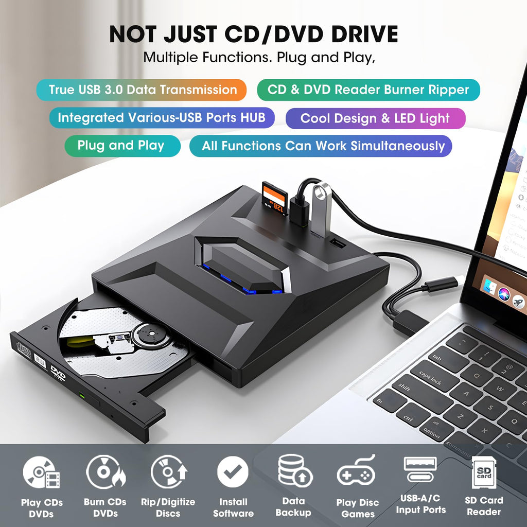 ROOFULL External CD/DVD Drive with USB 3.0 & USB-C, SD Card Slot and Carrying Case for Laptop & Desktop