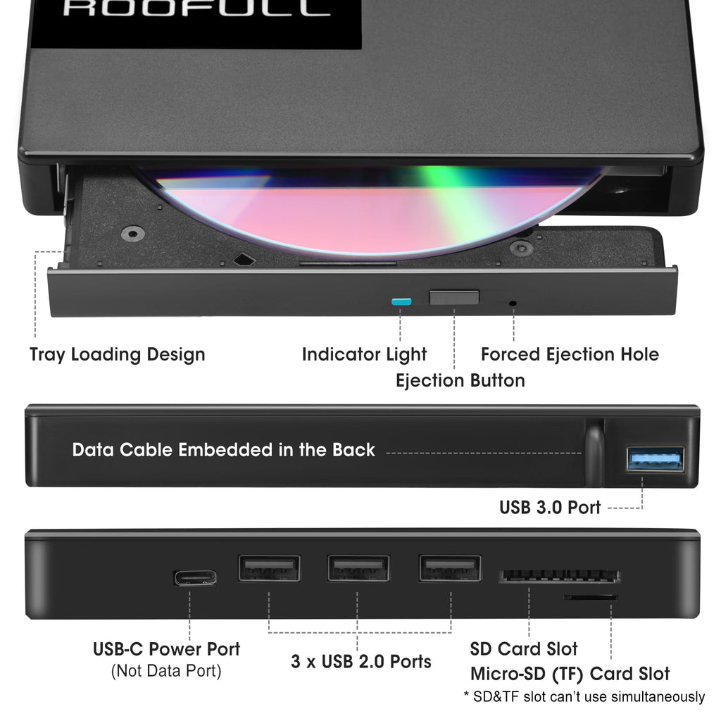 ROOFULL 8-in-1 External CD/DVD Drive with USB Hub & SD Card Reader, USB 3.0 CD DVD Burner Writer Reader, USB-C & USB-A for Laptop, MacBook, Windows (RF40-SU)
