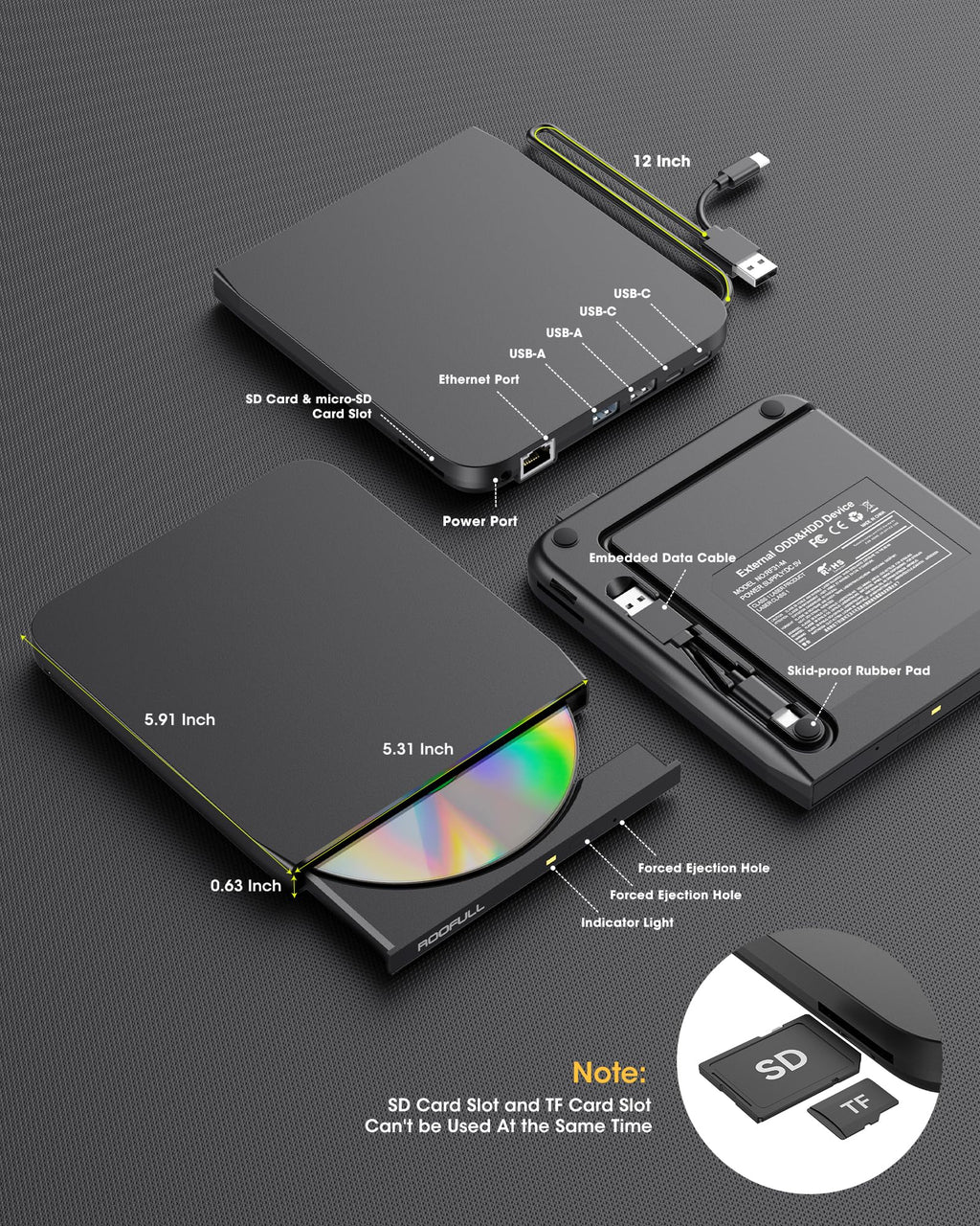ROOFULL 9-in-1 External CD/DVD Drive with USB Hub & Ethernet, USB 3.0 CD DVD Burner Writer Reader, SD/TF Card Reader, USB-C & USB-A for MacBook, Laptop, Windows (RF31-M)