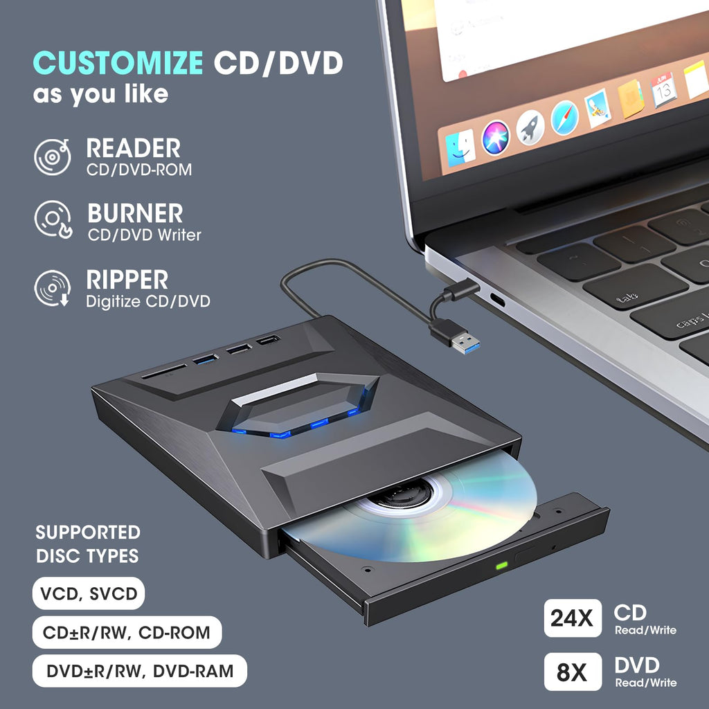 External CD/DVD Drive for Laptop & Desktop – USB 3.0 / USB-C, CD DVD Reader Writer Burner with SD Card Slot