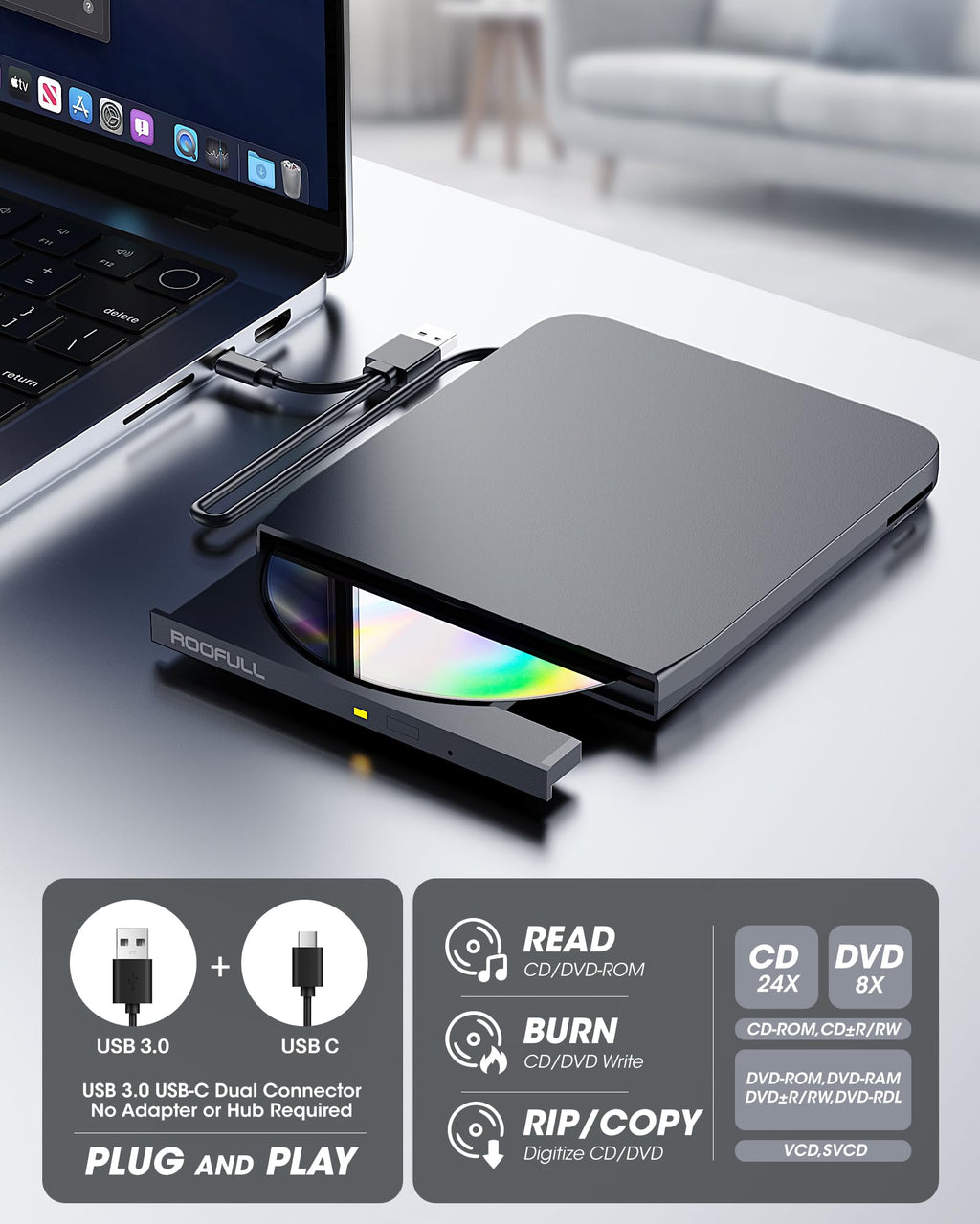 ROOFULL 9-in-1 External CD/DVD Drive with USB Hub & Ethernet, USB 3.0 CD DVD Burner Reader Writer, SD/TF Card Reader, USB-C & USB-A for Laptop, MacBook, Windows (RF31-M)