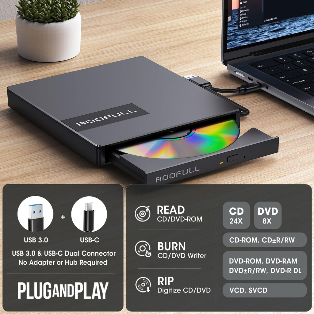 ROOFULL 8-in-1 External CD/DVD Drive with USB Hub & SD Card Reader, USB 3.0 CD DVD Burner Writer Reader, USB-C & USB-A for Laptop, MacBook, Windows (RF40-SU)