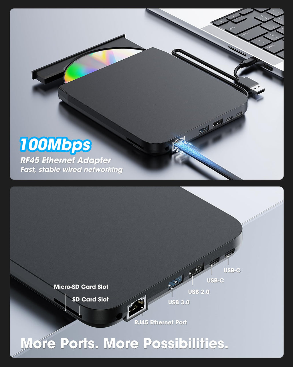 ROOFULL 9-in-1 External CD/DVD Drive with USB Hub & Ethernet, USB 3.0 CD DVD Burner Reader Writer, SD/TF Card Reader, USB-C & USB-A for Laptop, MacBook, Windows (RF31-M)