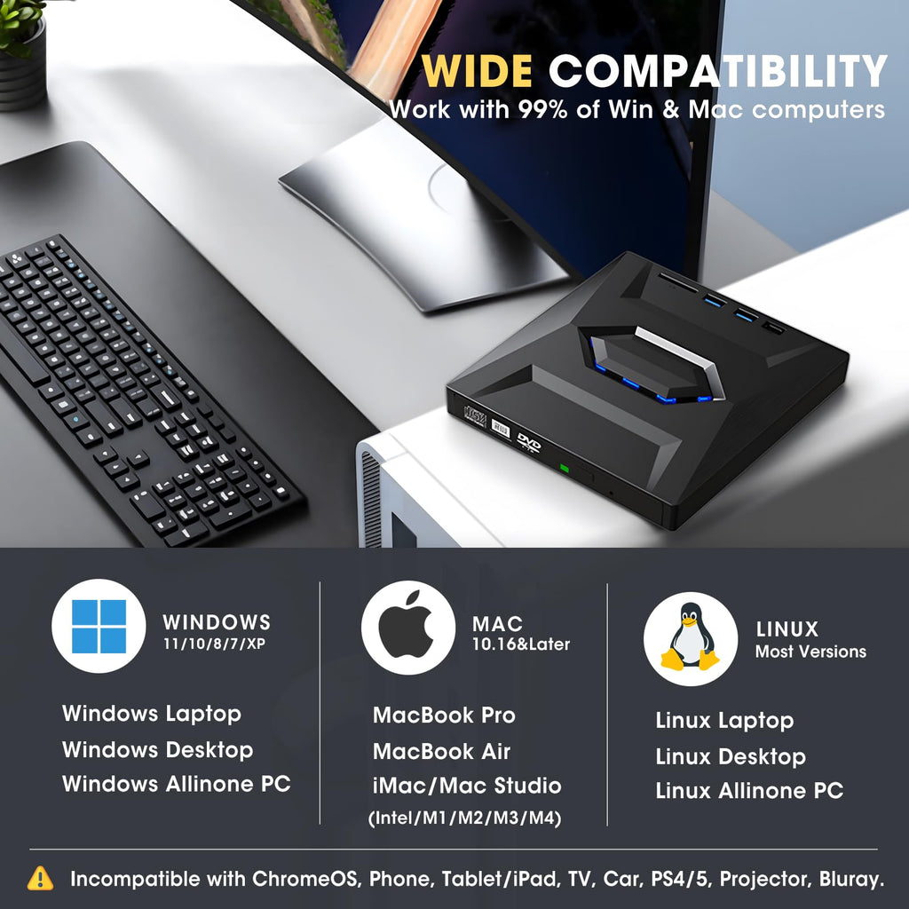 ROOFULL External CD/DVD Drive with USB 3.0 & USB-C, SD Card Slot and Carrying Case for Laptop & Desktop
