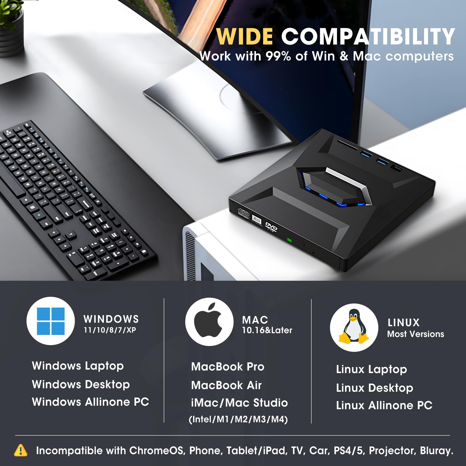 ROOFULL External CD/DVD Drive with USB 3.0 & USB-C, SD Card Slot and Carrying Case for Laptop & Desktop