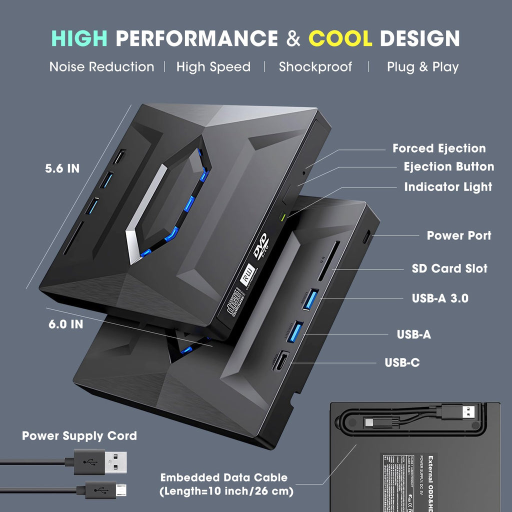 ROOFULL External CD/DVD Drive with USB 3.0 & USB-C, SD Card Slot and Carrying Case for Laptop & Desktop