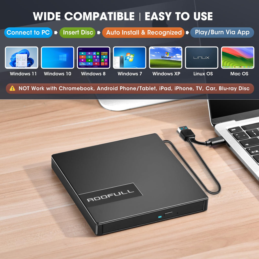 ROOFULL 8-in-1 External CD/DVD Drive with USB Hub & SD Card Reader, USB 3.0 CD DVD Burner Writer Reader, USB-C & USB-A for Laptop, MacBook, Windows (RF40-SU)