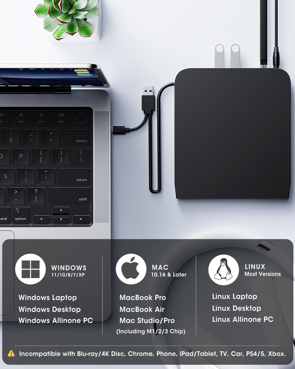 ROOFULL 9-in-1 External CD/DVD Drive with USB Hub & Ethernet, USB 3.0 CD DVD Burner Reader Writer, SD/TF Card Reader, USB-C & USB-A for Laptop, MacBook, Windows (RF31-M)