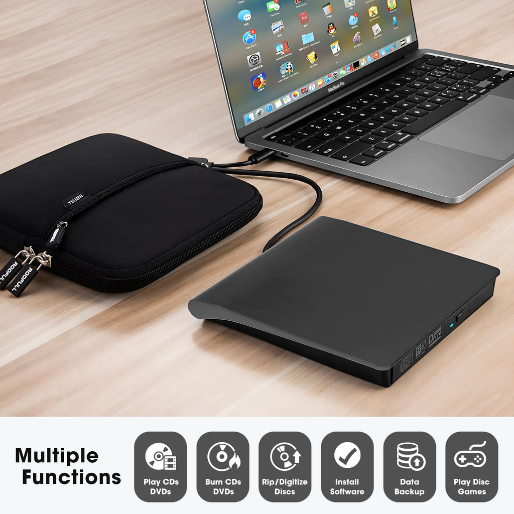 ROOFULL External CD/DVD Drive for Mac & PC – USB 3.0 / USB-C Portable CD DVD Reader Writer Burner with Carrying Case, Black