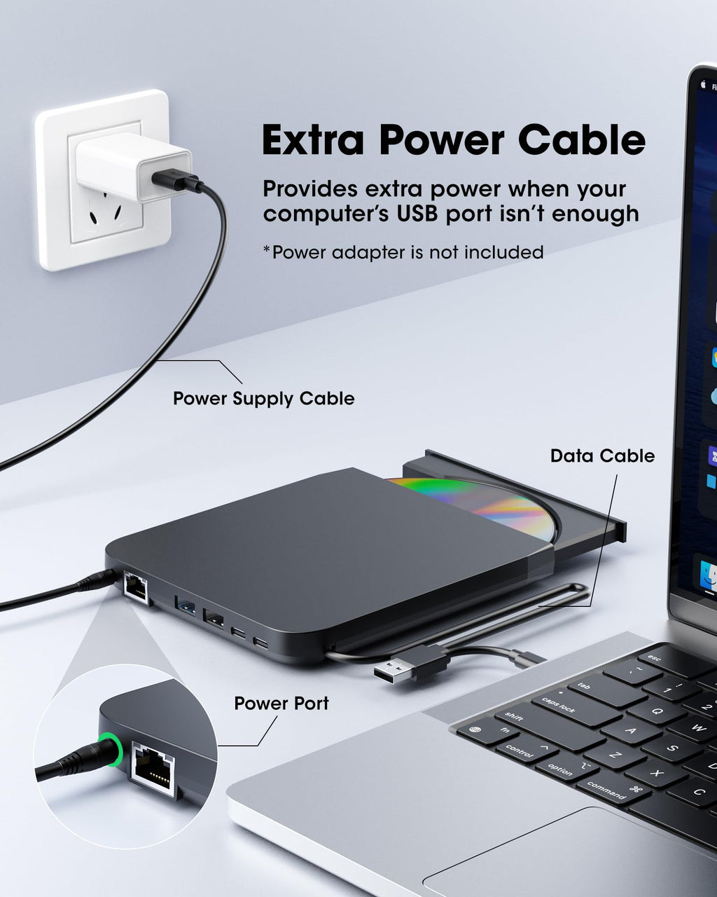 ROOFULL 9-in-1 External CD/DVD Drive with USB Hub & Ethernet, USB 3.0 CD DVD Burner Reader Writer, SD/TF Card Reader, USB-C & USB-A for Laptop, MacBook, Windows (RF31-M)