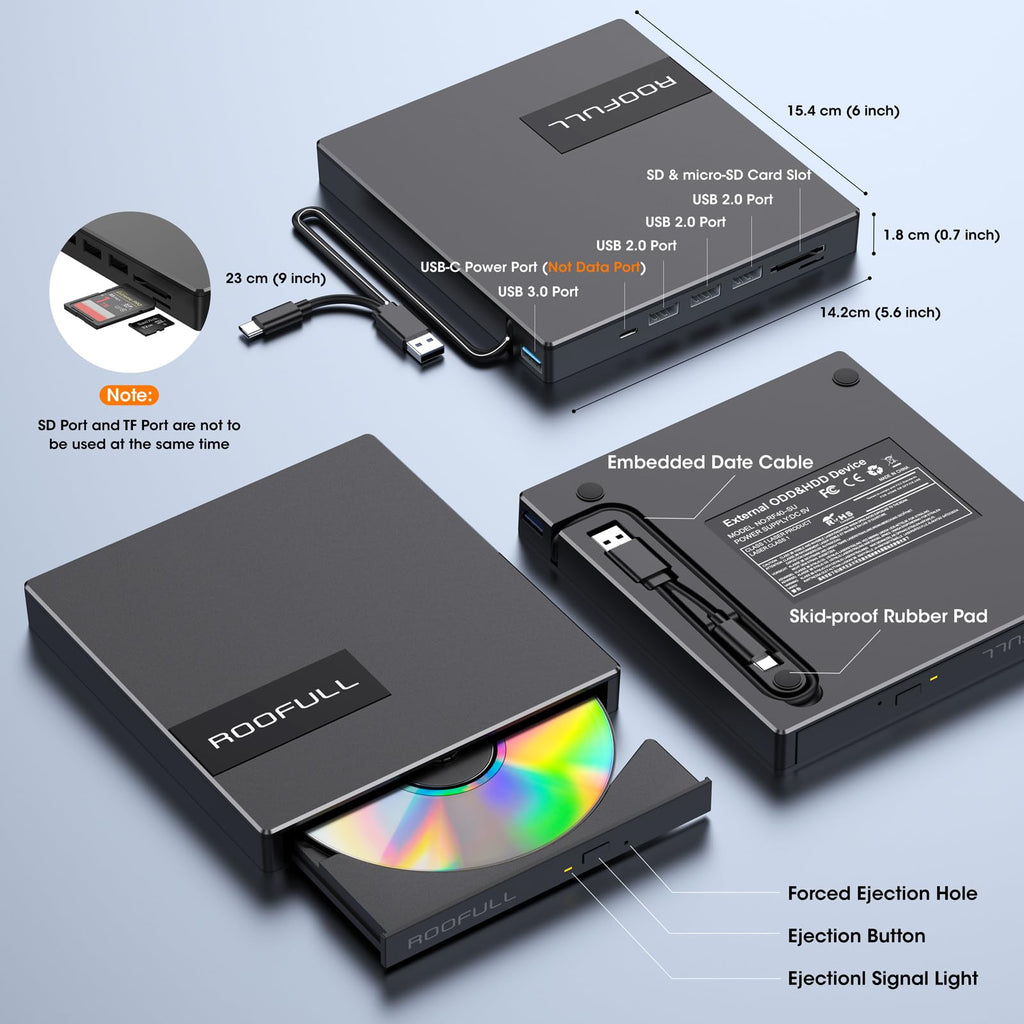 ROOFULL 8-in-1 External CD/DVD Drive with USB Hub & SD Card Reader, USB 3.0 CD DVD Burner Writer Reader, USB-C & USB-A for Laptop, MacBook, Windows (RF40-SU)