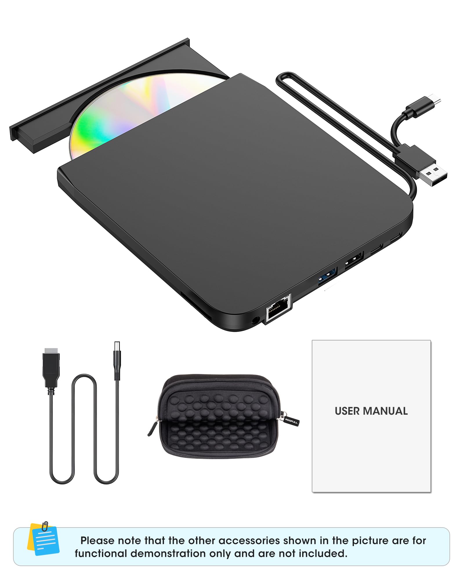 ROOFULL 9-in-1 External CD/DVD Drive with USB Hub & Ethernet, USB 3.0 CD DVD Burner Writer Reader, SD/TF Card Reader, USB-C & USB-A for MacBook, Laptop, Windows (RF31-M)