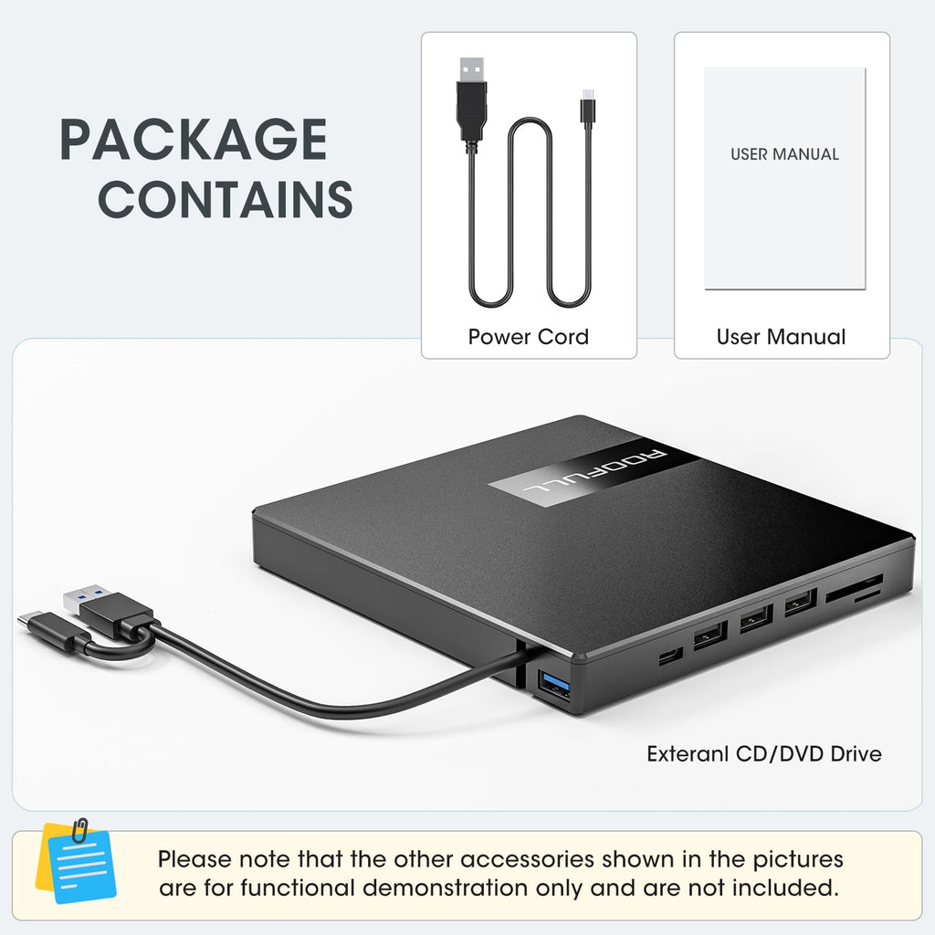 ROOFULL 8-in-1 External CD/DVD Drive with USB Hub & SD Card Reader, USB 3.0 CD DVD Burner Writer Reader, USB-C & USB-A for Laptop, MacBook, Windows (RF40-SU)