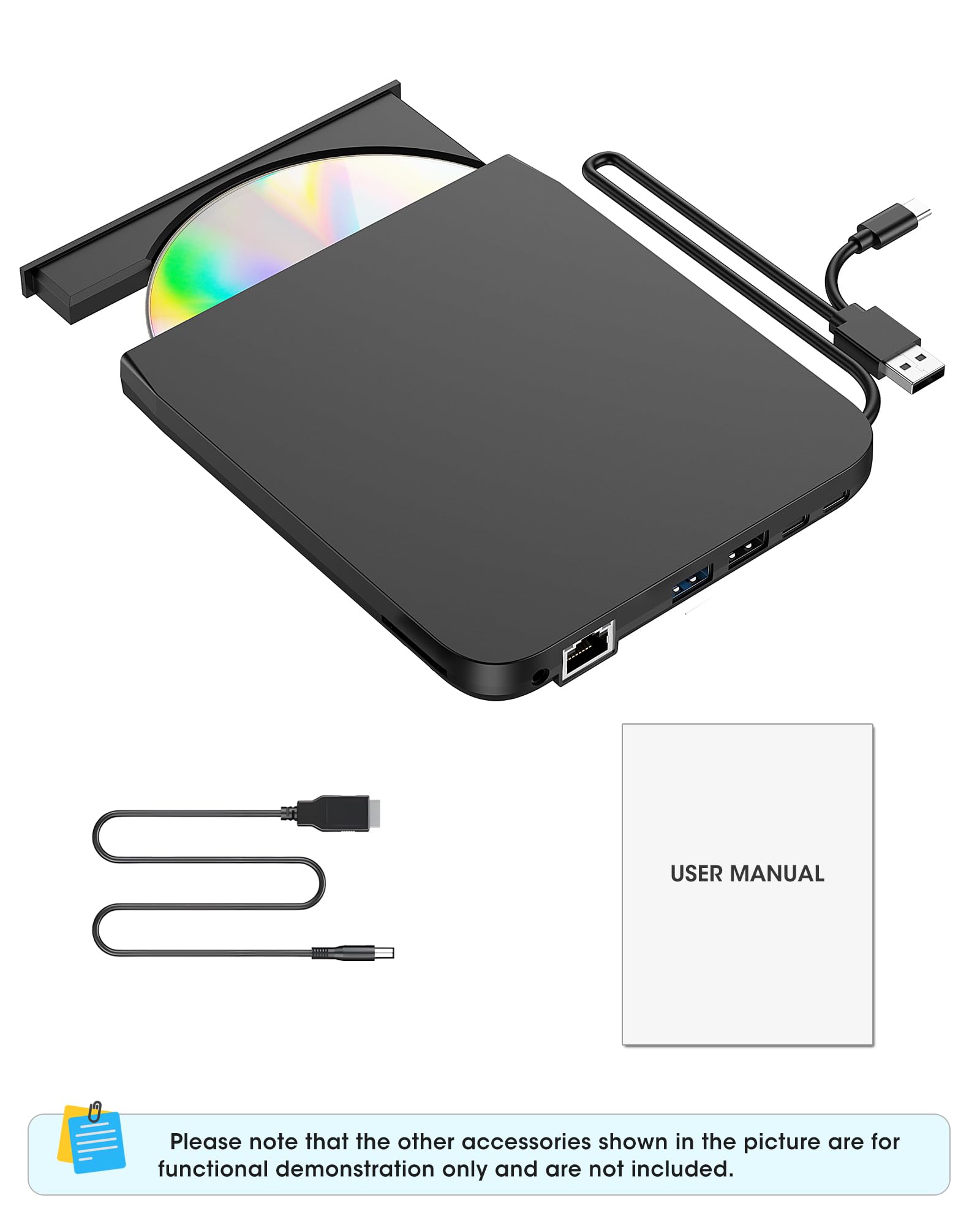ROOFULL 9-in-1 External CD/DVD Drive with USB Hub & Ethernet, USB 3.0 CD DVD Burner Reader Writer, SD/TF Card Reader, USB-C & USB-A for Laptop, MacBook, Windows (RF31-M)