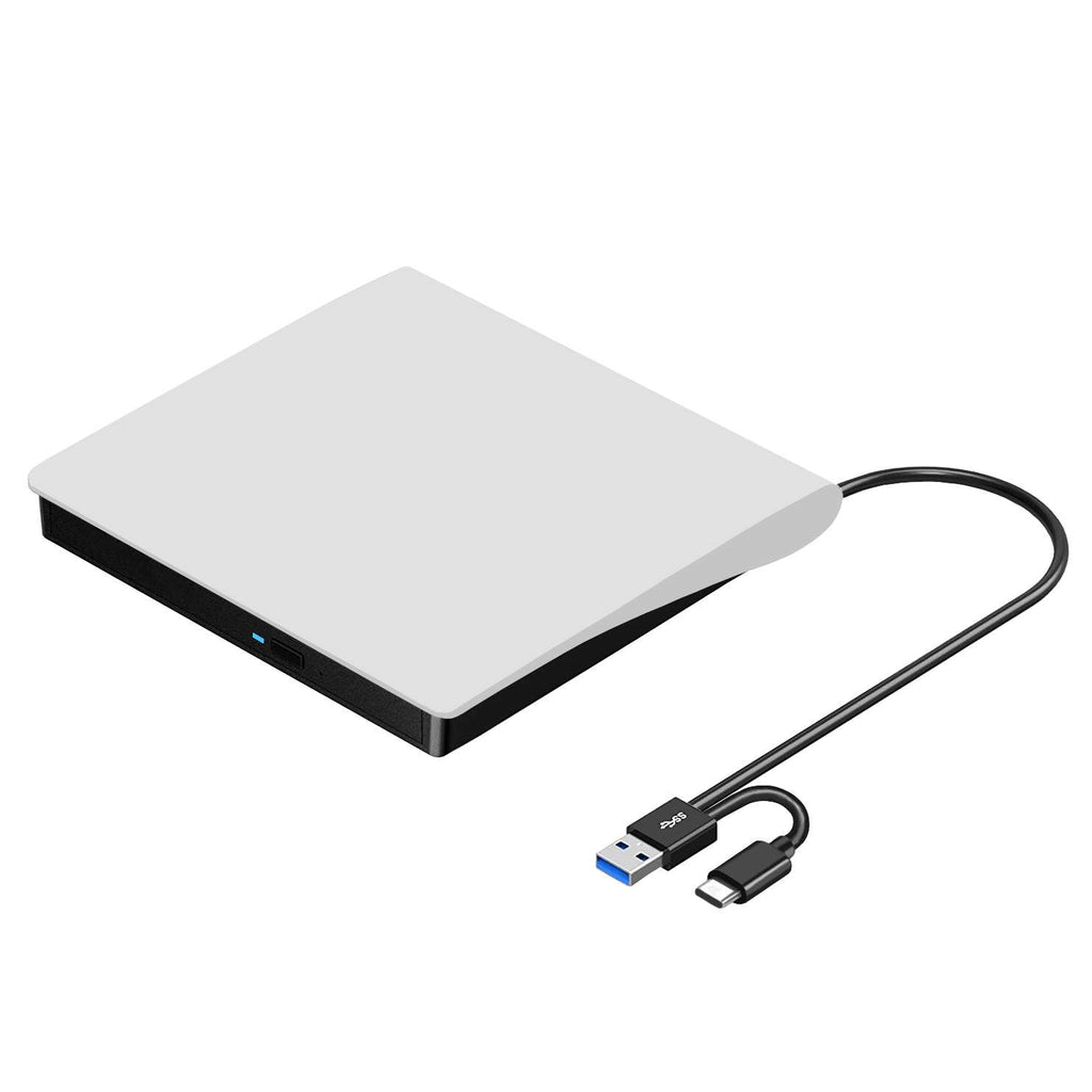 ROOFULL External CD/DVD Drive (ECD829-Y) – USB 3.0 & USB-C Portable CD DVD Burner & Reader for Laptop & Mac（White））